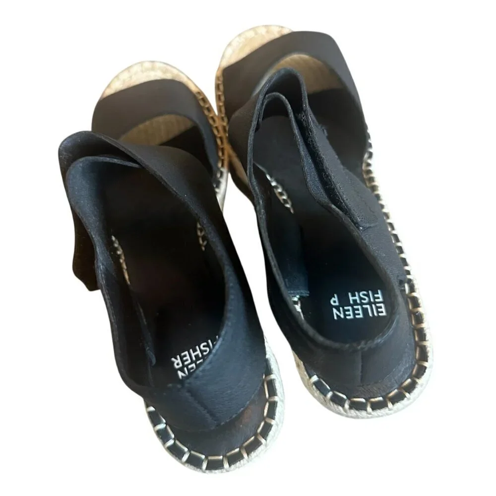 Eileen Fisher Weslia Black Wedge Sandals Espadrille Ankle Strap Size 9 Women's